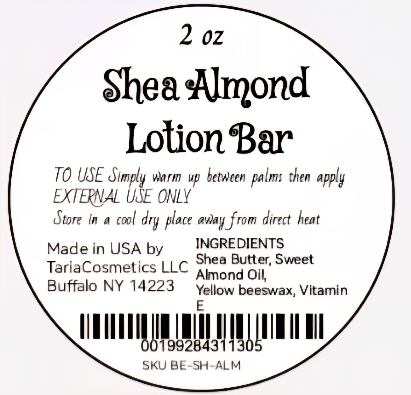Label for Shea Almond Lotion Bar with product details and ingredients.
