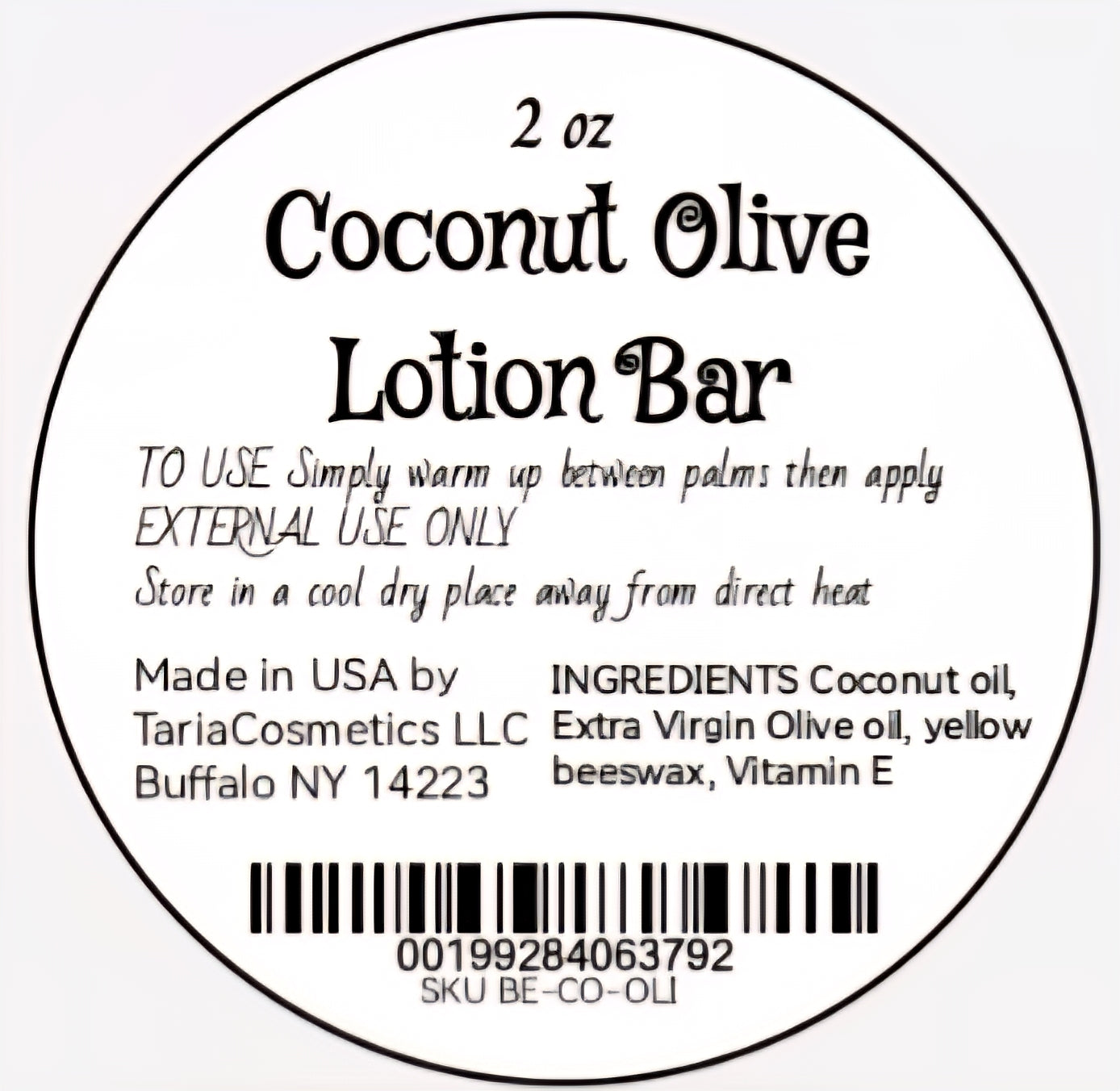Label for a 2 oz Coconut Olive Lotion Bar with text and a barcode on a white background.
