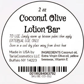 Label for a 2 oz Coconut Olive Lotion Bar with text and a barcode on a white background.