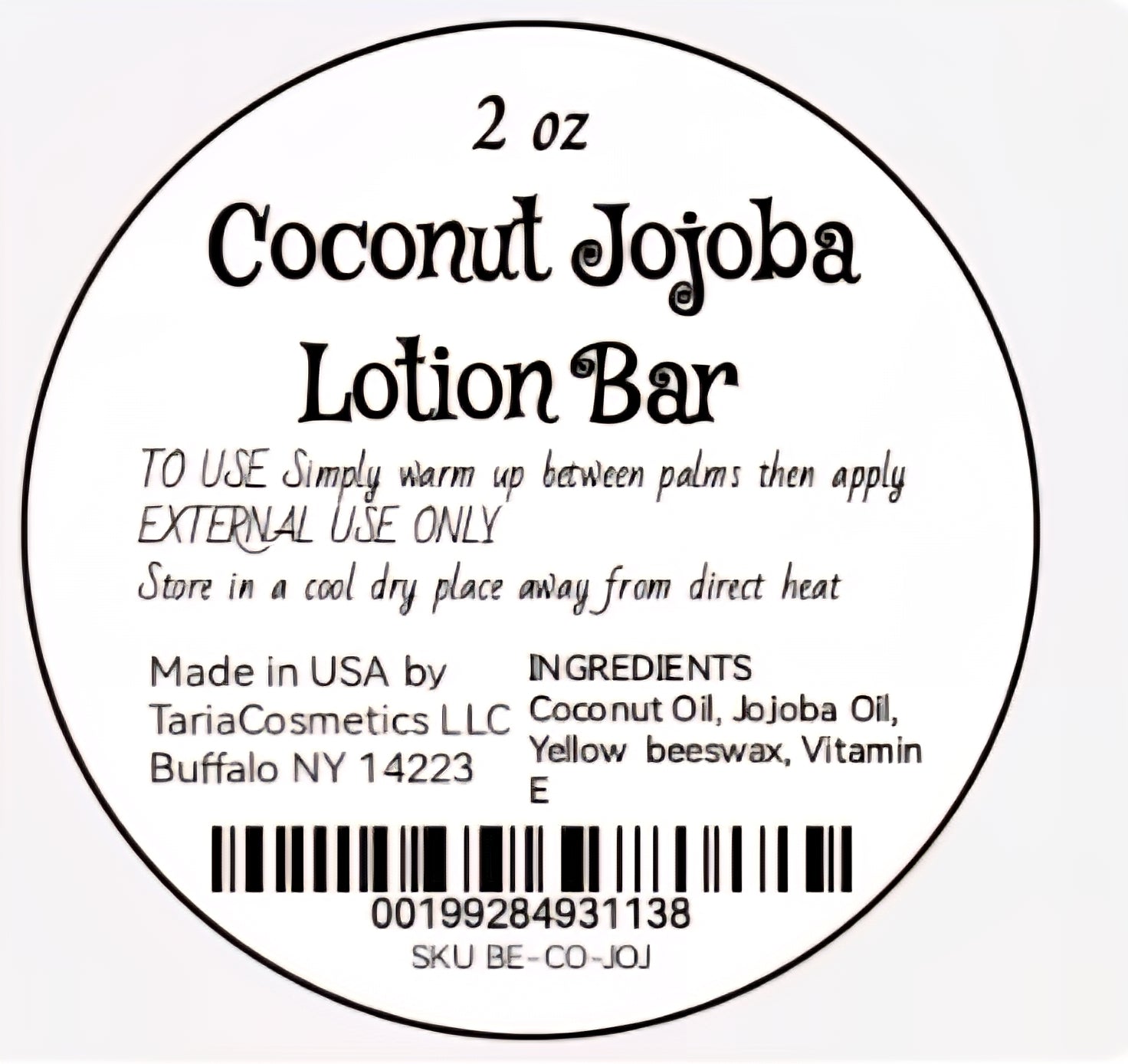 Label for a 2 oz Coconut Jojoba Lotion Bar with product details and instructions.