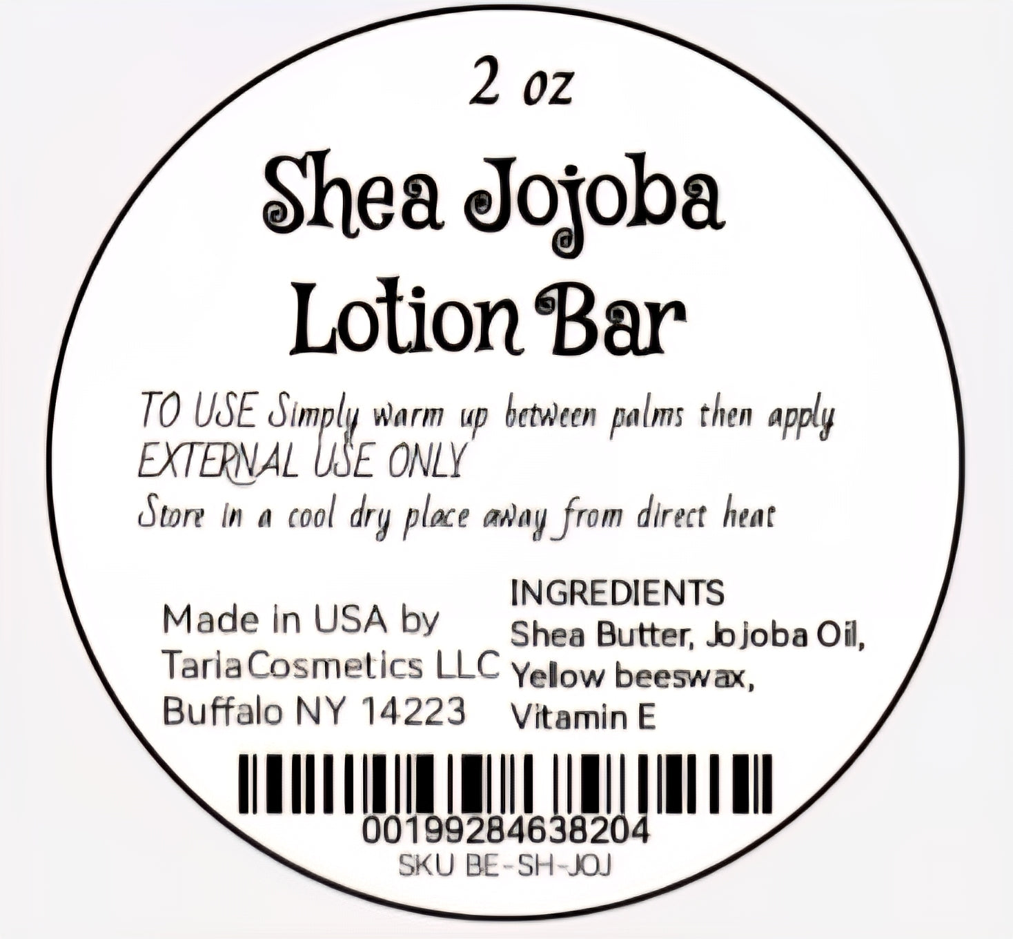 Label for a 2 oz Shea Jojoba Lotion Bar with text and product details.