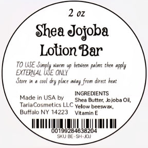 Label for a 2 oz Shea Jojoba Lotion Bar with text and product details.