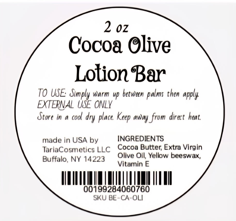 Label for a 2 oz Cocoa Olive Lotion Bar with product details and usage instructions.