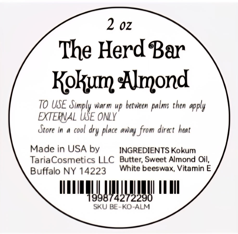 Label for 'The Herd Bar Kokum Almond' product with text and branding details.