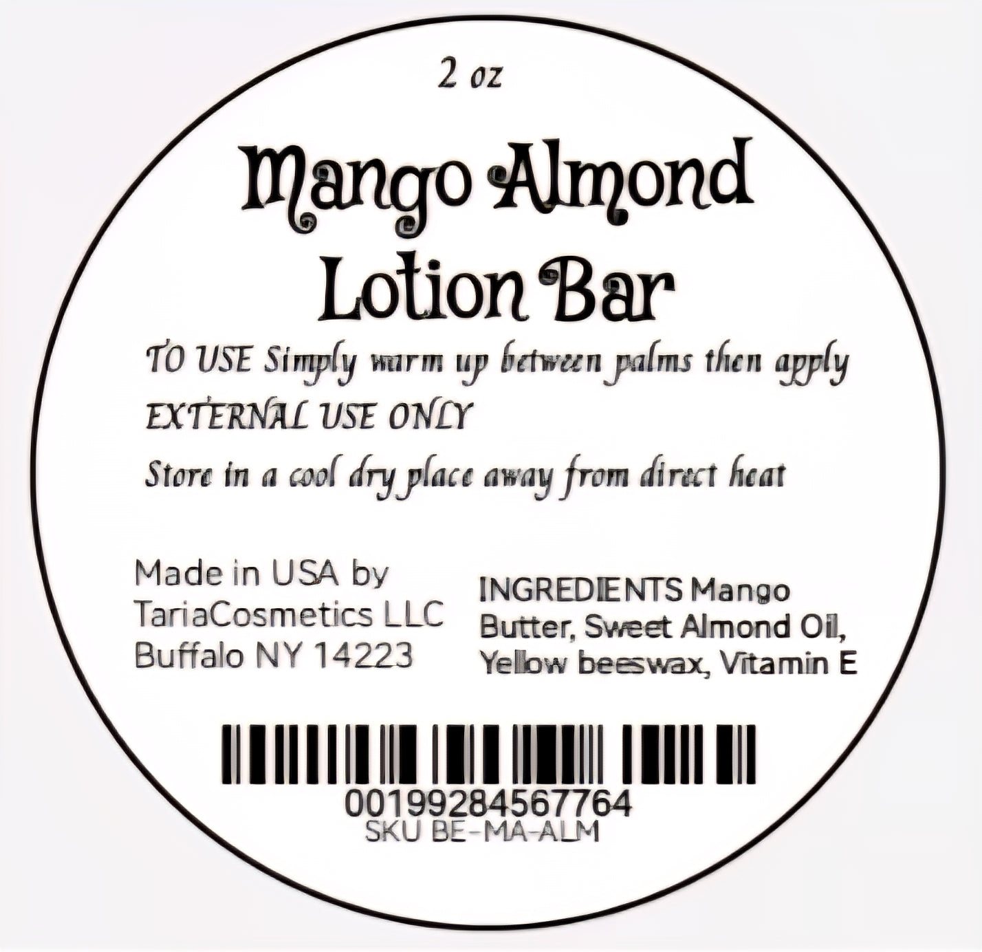 Label for a 2 oz Mango Almond Lotion Bar with product details and instructions.