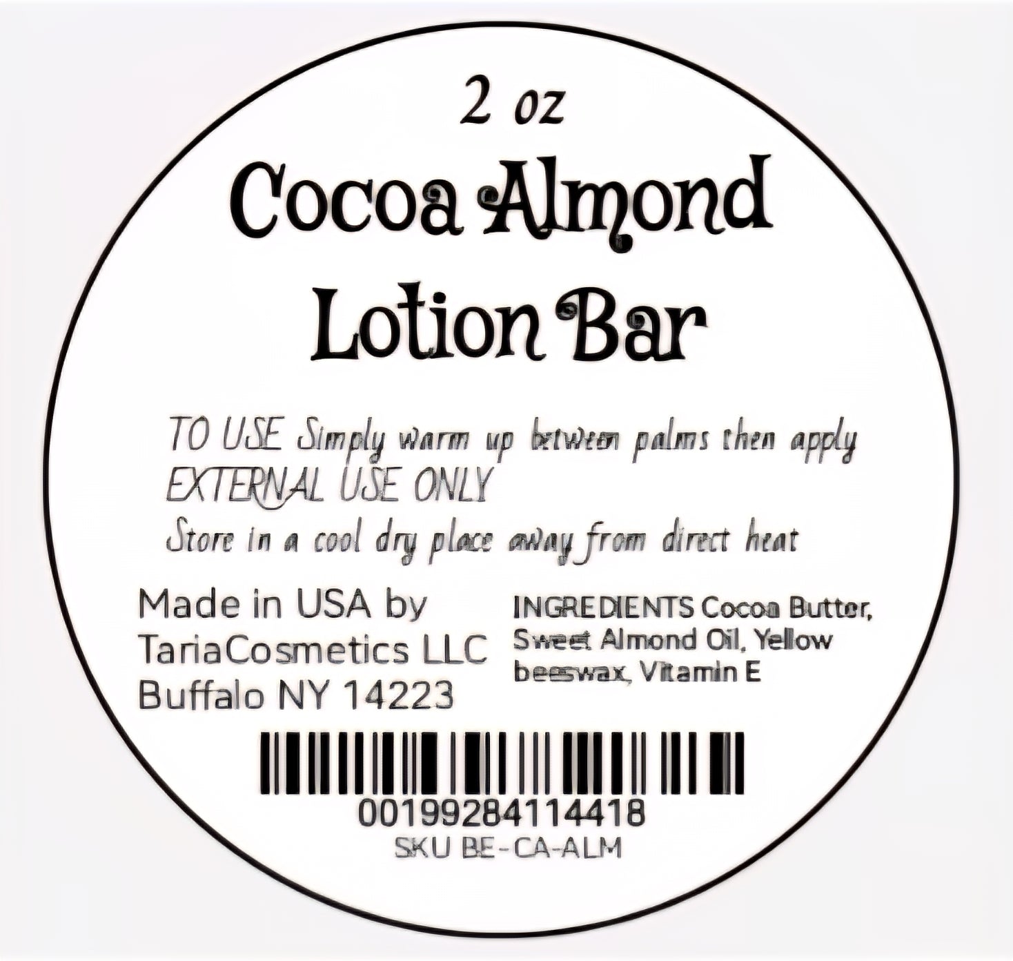 Label for a 2 oz Cocoa Almond Lotion Bar with product details and TariaCosmetics LLC information.