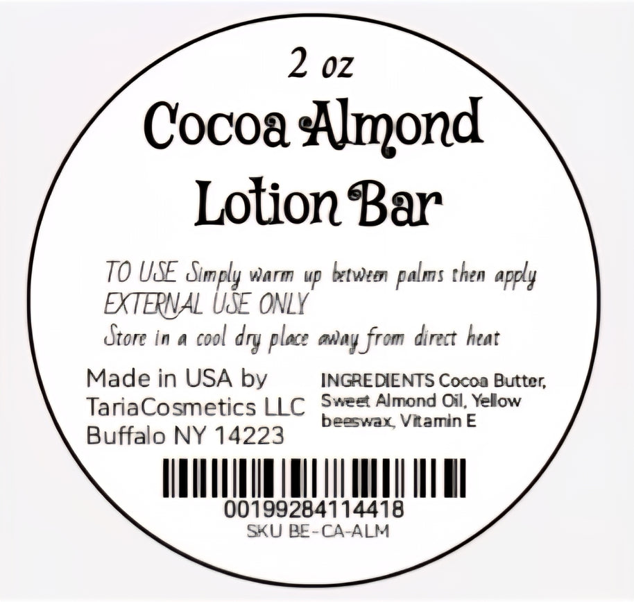 Label for a 2 oz Cocoa Almond Lotion Bar with product details and TariaCosmetics LLC information.