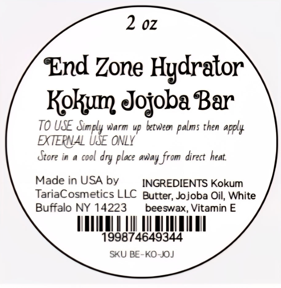 Label for End Zone Hydrator Kokum Jojoba Bar with product details and TariaCosmetics LLC information.