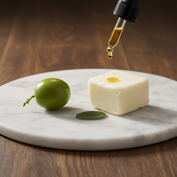 Block of white KOKUM BUTTER with a green olive on a marble board, with a dropper of olive oil being added.