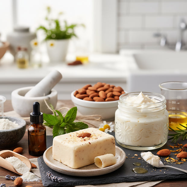 Kitchen counter with ingredients and a jar of kokum butter, blurred background
